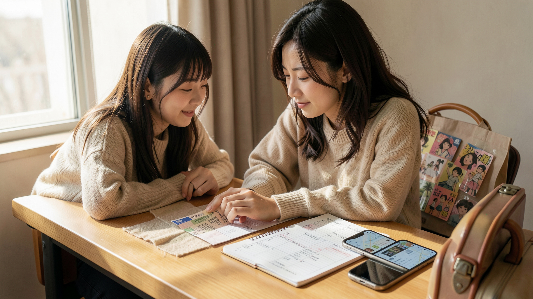 旅行の予約準備をするデスクに置かれたチケットとノート
