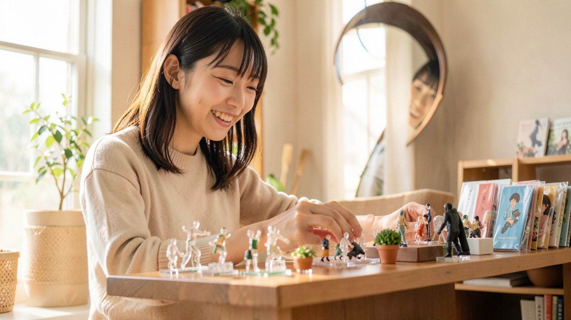 小さなアクリルスタンドやグッズを笑顔で並べる女性