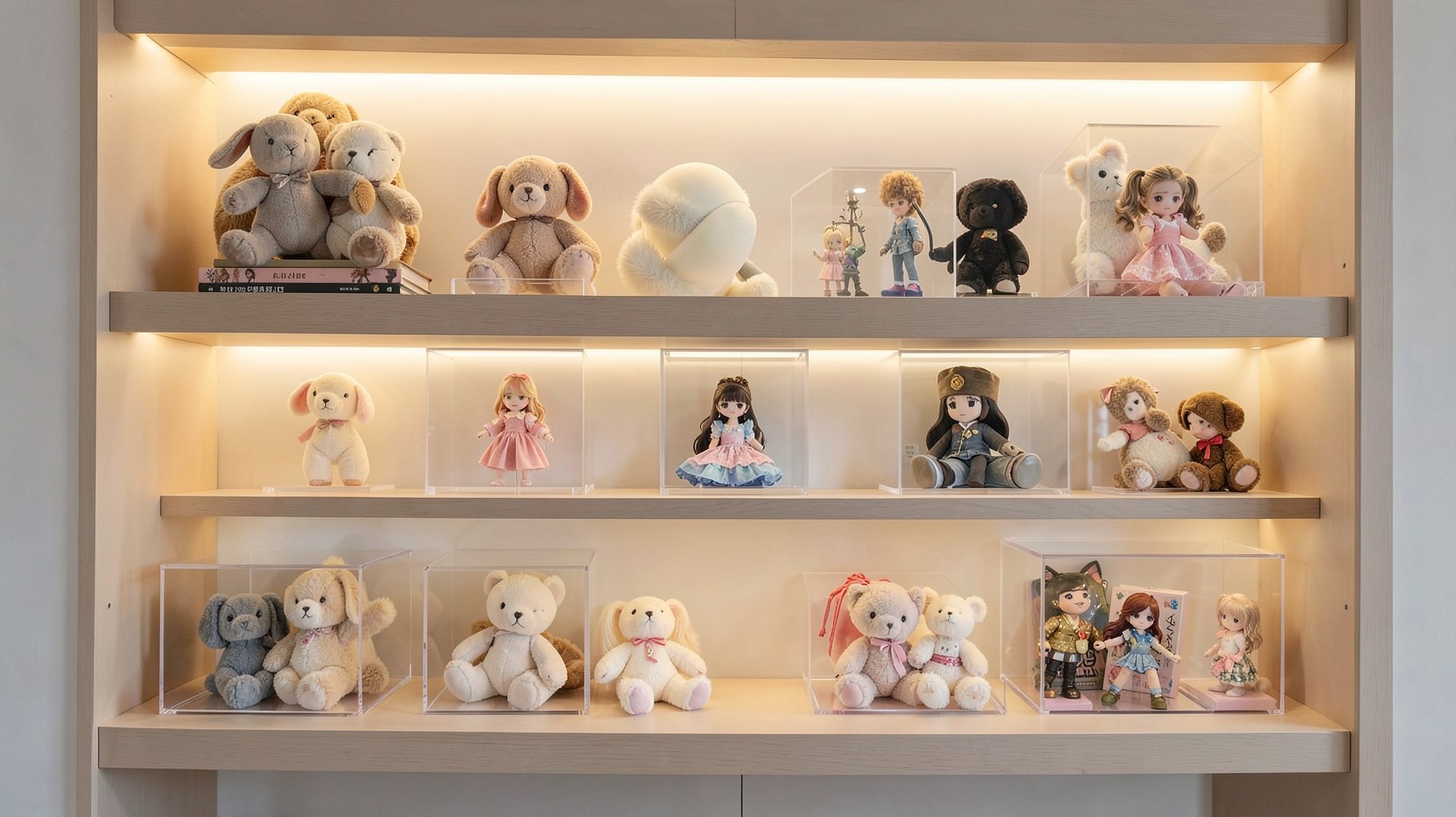 アクリルスタンドやぬいぐるみが整理された収納棚